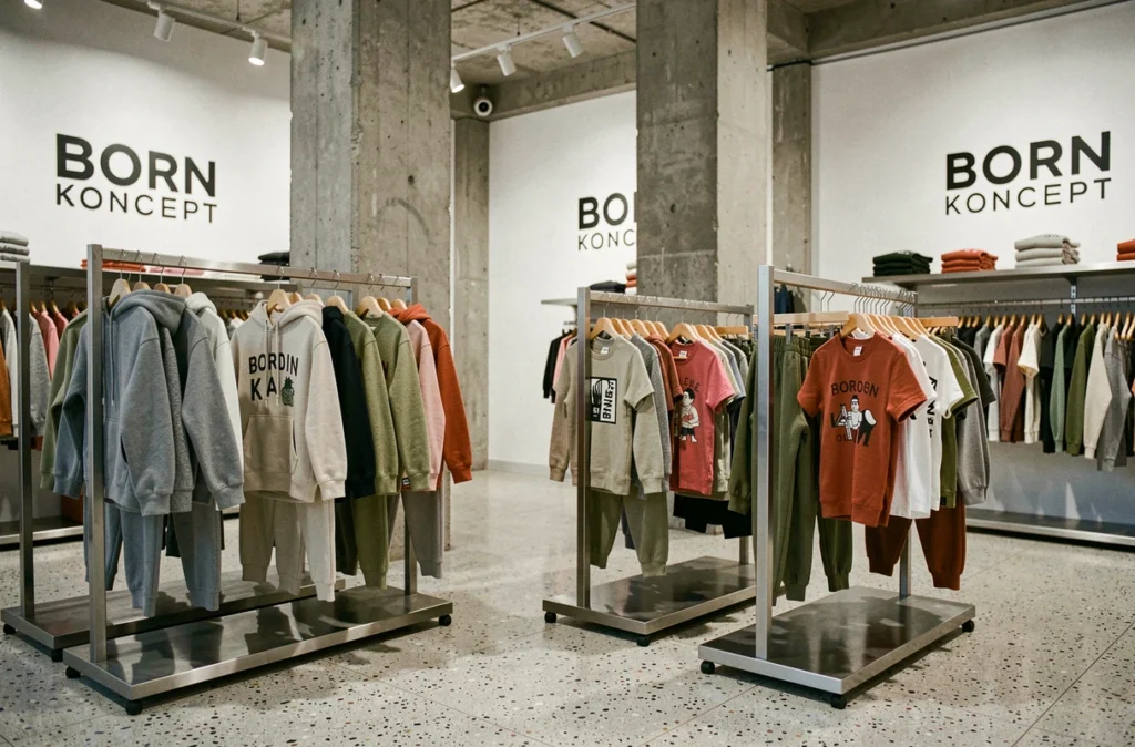 Boutique Born Koncept avec une sélection de vêtements streetwear organiques gender-neutral pour enfants sur des portants en acier brossé dans un espace au design urbain contemporain