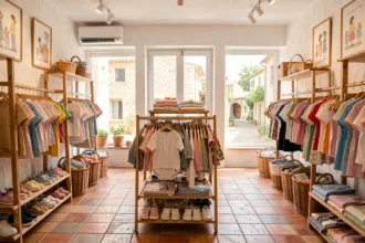 Intérieur d'une boutique de vêtements pour enfants en Provence, avec des vêtements colorés sur des portants en bois et des carreaux en terre cuite