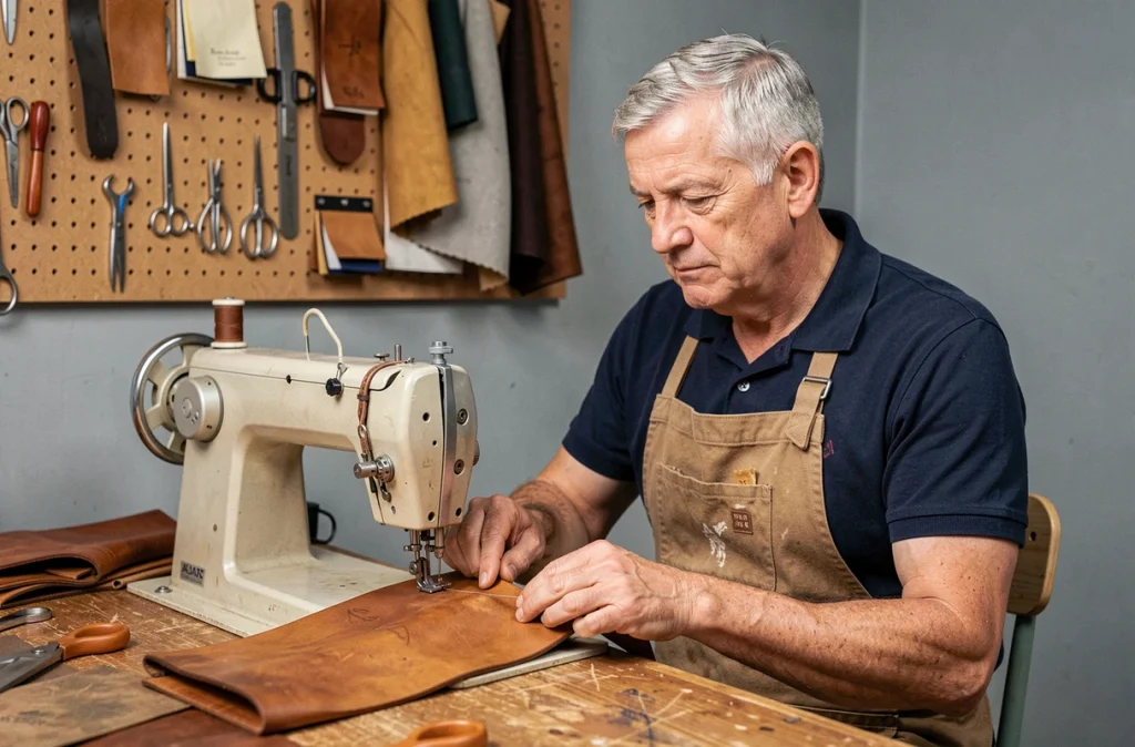 Artisan de BRJ Services à Saint-Denis réparant une courroie en cuir sur une machine à coudre dans un atelier polyvalent