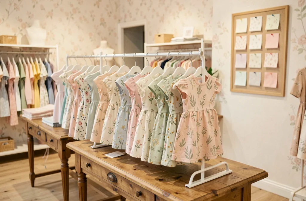 Présentation de robes et chemisiers à motifs botaniques pour enfants dans la boutique Catimini, sur des tables en bois vintage et des cintres blancs
