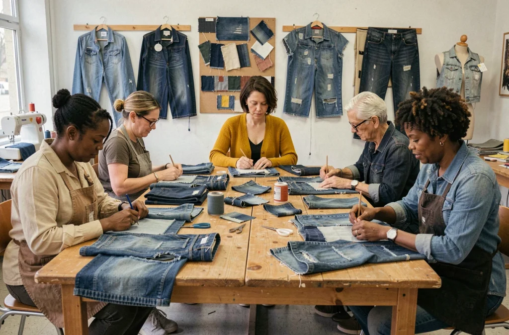 Cours de couture et d'upcycling à l'école de couture du Pré-Saint-Gervais avec une instructrice guidant un groupe d'adultes autour d'une table de travail