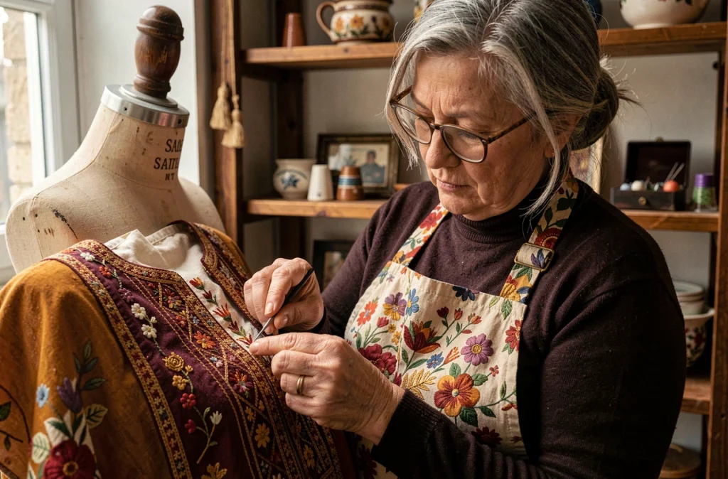 Couturière d'Efrayim Création à Saint-Denis brodant à la main un vêtement cérémoniaire traditionnel sur un mannequin vintage dans son atelier artisanal