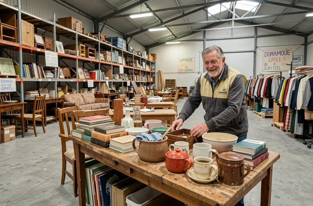 Entrepôt Emmaüs de Trappes avec des rangées d'objets de seconde main et un bénévole qui réorganise les dons