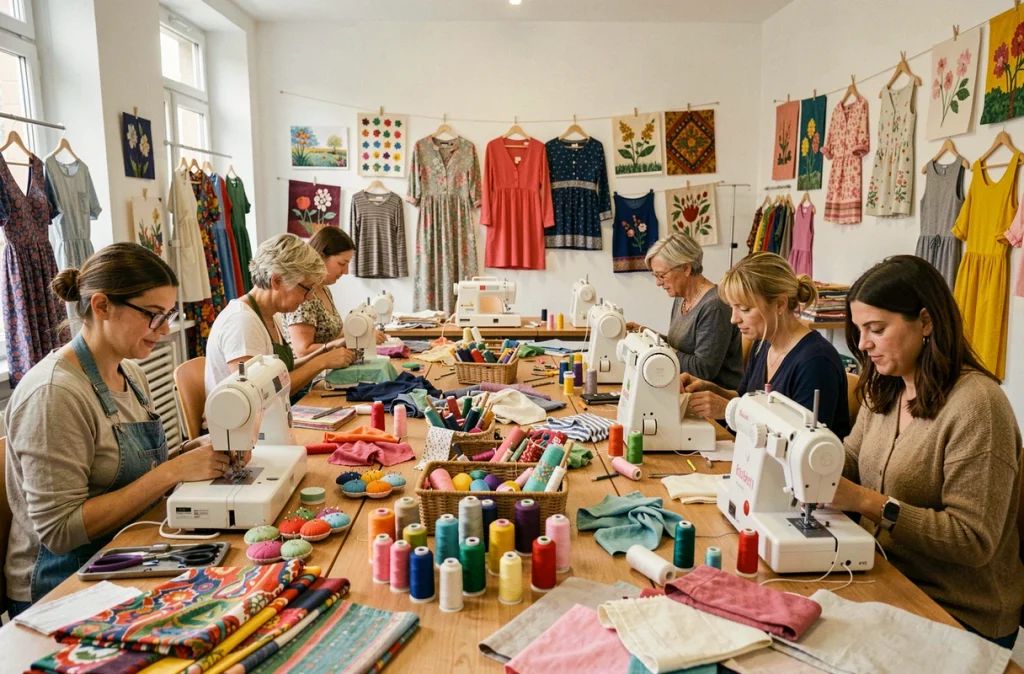 Atelier de couture partagée de L'Épinglette en Seine-Saint-Denis avec des participants de tous âges travaillant ensemble autour d'une table créative couverte de tissus et de matériel de couture