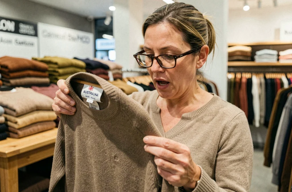 Femme examinant l'étiquette de taille d'un vêtement australien dans un magasin pour vérifier la correspondance avec les tailles françaises