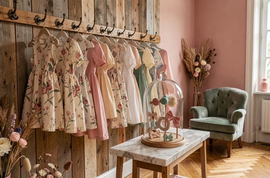 Boutique artisanale Flon Flon avec des robes smockées en coton et imprimés Liberty pour enfants suspendues à des crochets en laiton antique sur un mur en bois recyclé