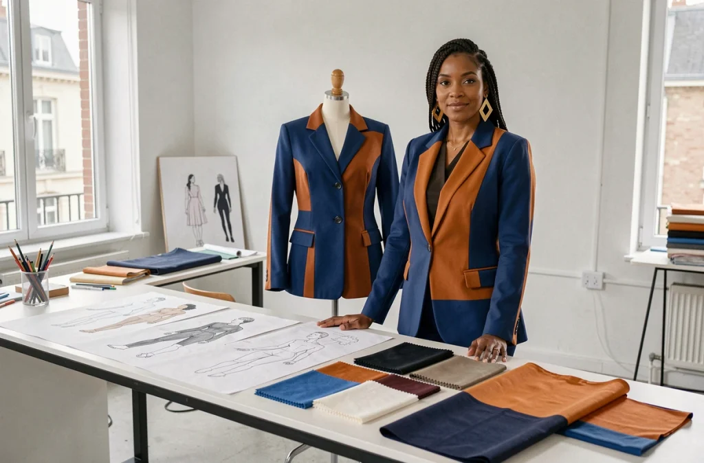 Styliste de Ghori Styliste à Saint-Denis présentant ses créations devant une table de design couverte de croquis et d'échantillons de tissu