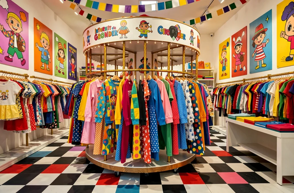 Intérieur ludique de la boutique Interdit de Me Gronder avec des tenues pour enfants aux imprimés audacieux sur un portant carousel et des affiches illustrées colorées au mur