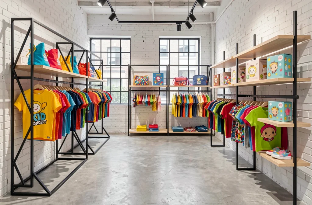 Intérieur de la boutique Kid Concept avec des vêtements graphiques pour enfants en couleurs primaires sur des portants en métal noir dans un espace au style industriel moderne