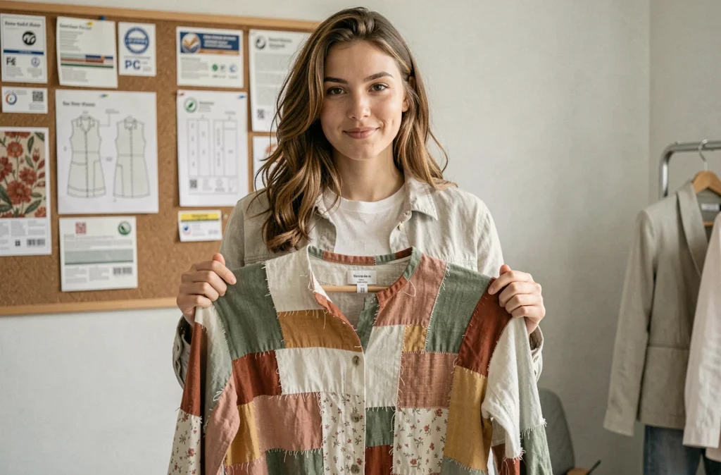 Créatrice de La 8ème Fois présentant un vêtement upcyclé en patchwork de tissus recyclés dans un studio de mode durable en Seine-Saint-Denis