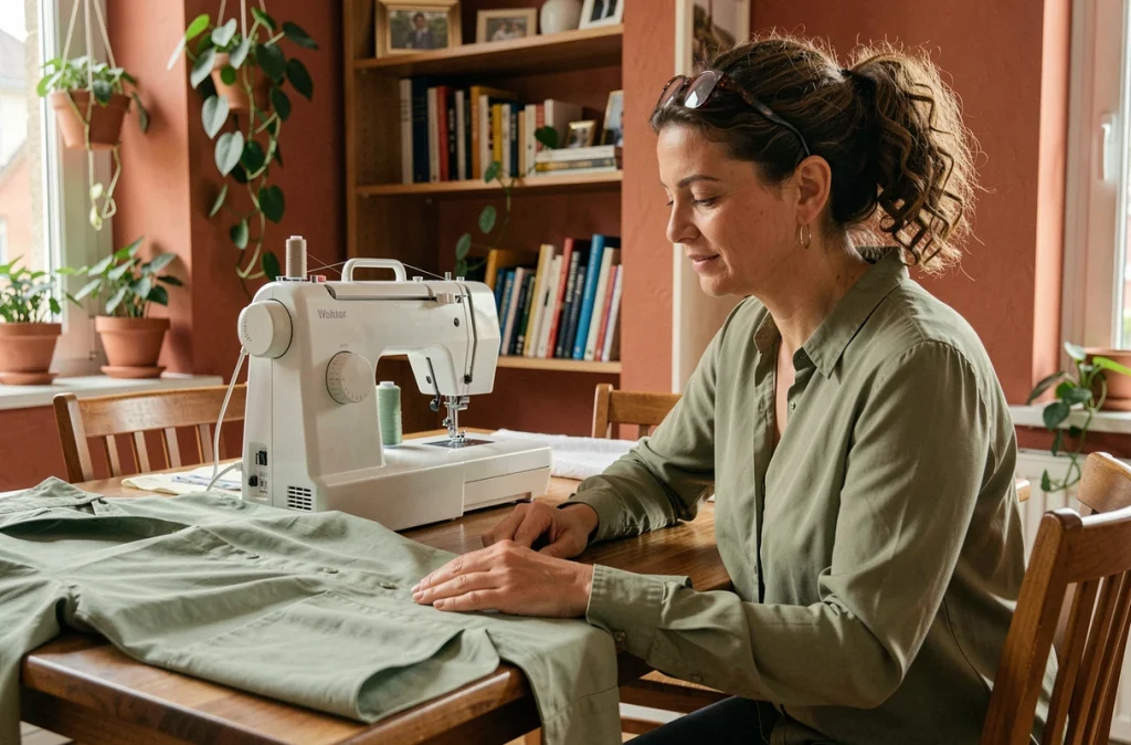 Couturière de Lamodeli travaillant à domicile sur une machine à coudre installée sur la table d'un appartement à Romainville