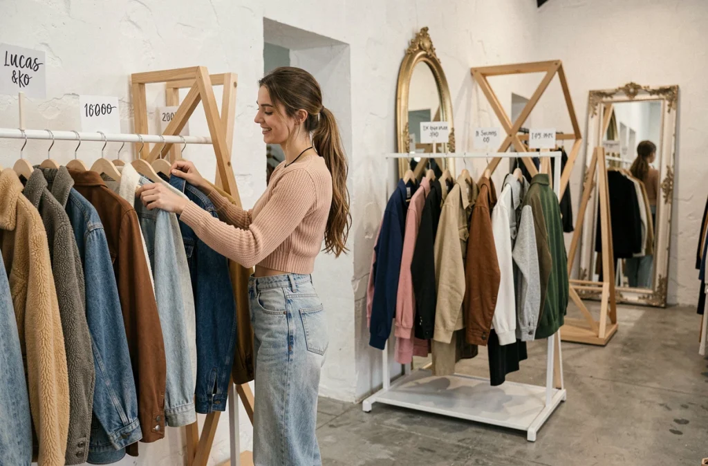 Boutique vintage Lucas&ko avec une jeune femme qui parcourt des vestes des années 90 sur des portants minimalistes