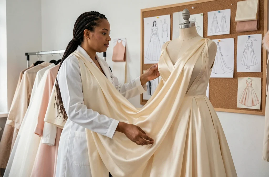Couturière de Mariage Rcc à Saint-Denis drapant du satin ivoire sur un mannequin de robe de mariée dans un atelier de couture événementielle
