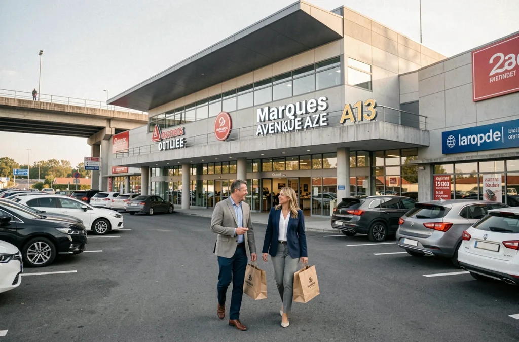 Entrée du centre de magasins d'usine Marques Avenue A13 avec un couple se dirigeant vers l'entrée principale
