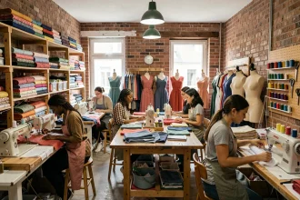 Atelier de couture collectif en Seine-Saint-Denis avec plusieurs couturières travaillant sur des machines à coudre entourées de tissus colorés et de mannequins de couture