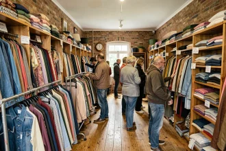 Intérieur animé d'une friperie dans les Yvelines avec des vêtements vintage colorés sur des portants et des clients qui fouinent