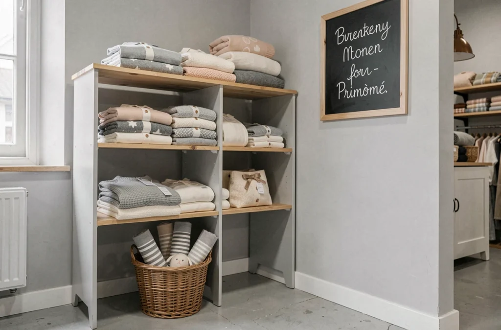 Coin de la boutique Primôme avec des pulls en maille et des basiques en coton bio pour enfants pliés sur une étagère en bois peint dans un cadre minimaliste