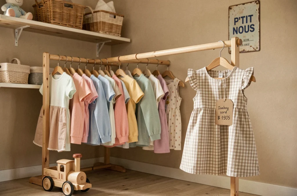 Boutique de quartier P'tit Nous avec une sélection de vêtements pour bébés et tout-petits en tons pastel sur une tringle basse en bois, dans une ambiance chaleureuse