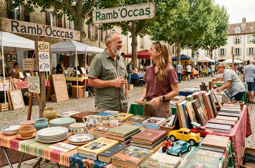 Stand Ramb'Occas sur un marché en plein air avec bric-à-brac vintage et deux personnes qui discutent