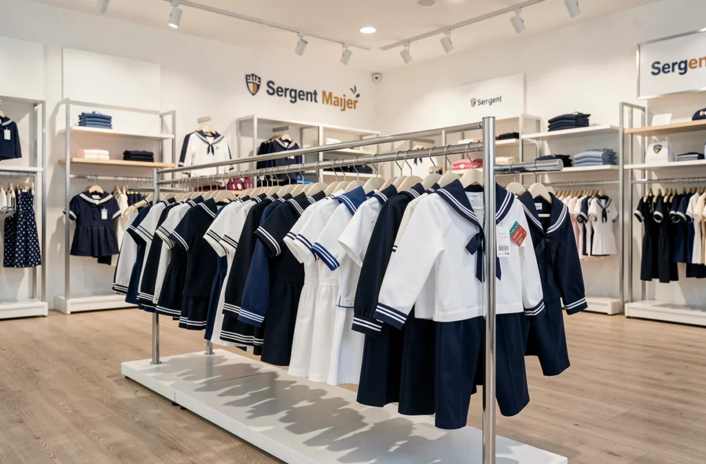 Rayons de vêtements marins pour enfants chez Sergent Major, avec des tenues bleu marine et blanc sur des portants chromés dans un magasin moderne