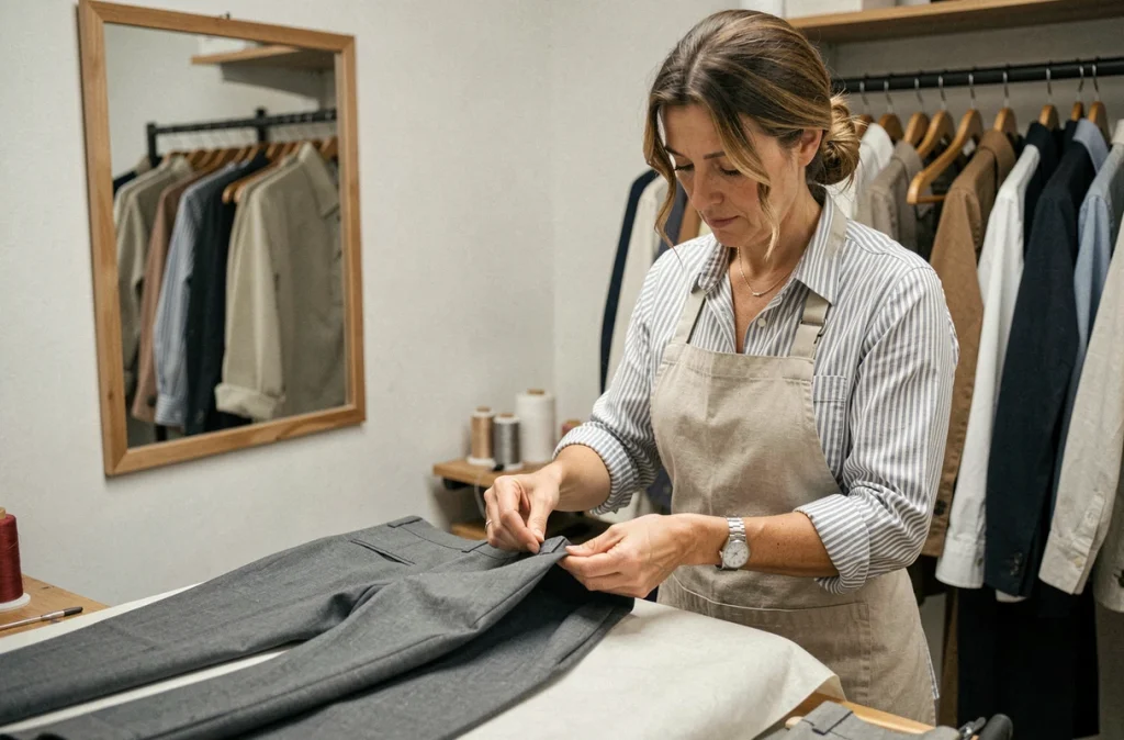Couturière de Sizodor à Pierrefitte-sur-Seine épinglant l'ourlet d'un pantalon dans un atelier de retouche soigné
