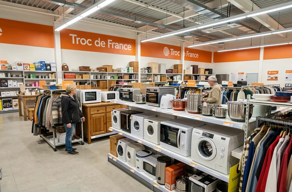 Intérieur d'un magasin Troc de France avec une cliente qui examine des appareils électroménagers de seconde main