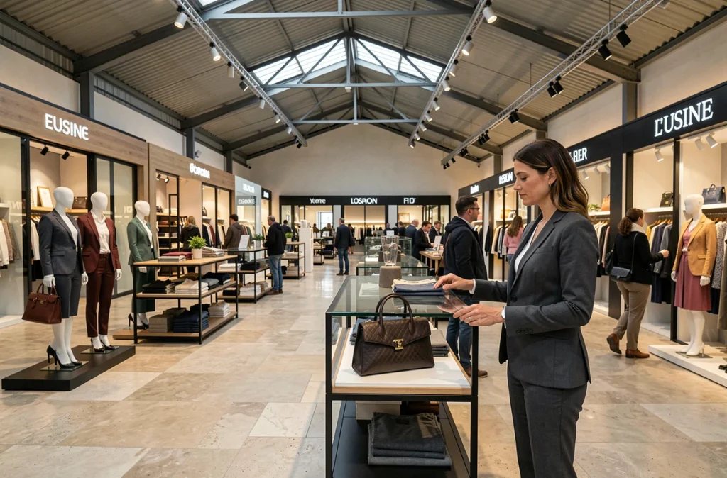 Hall intérieur de L'Usine Mode et Maison avec une femme élégante qui examine un sac de créateur dans une boutique