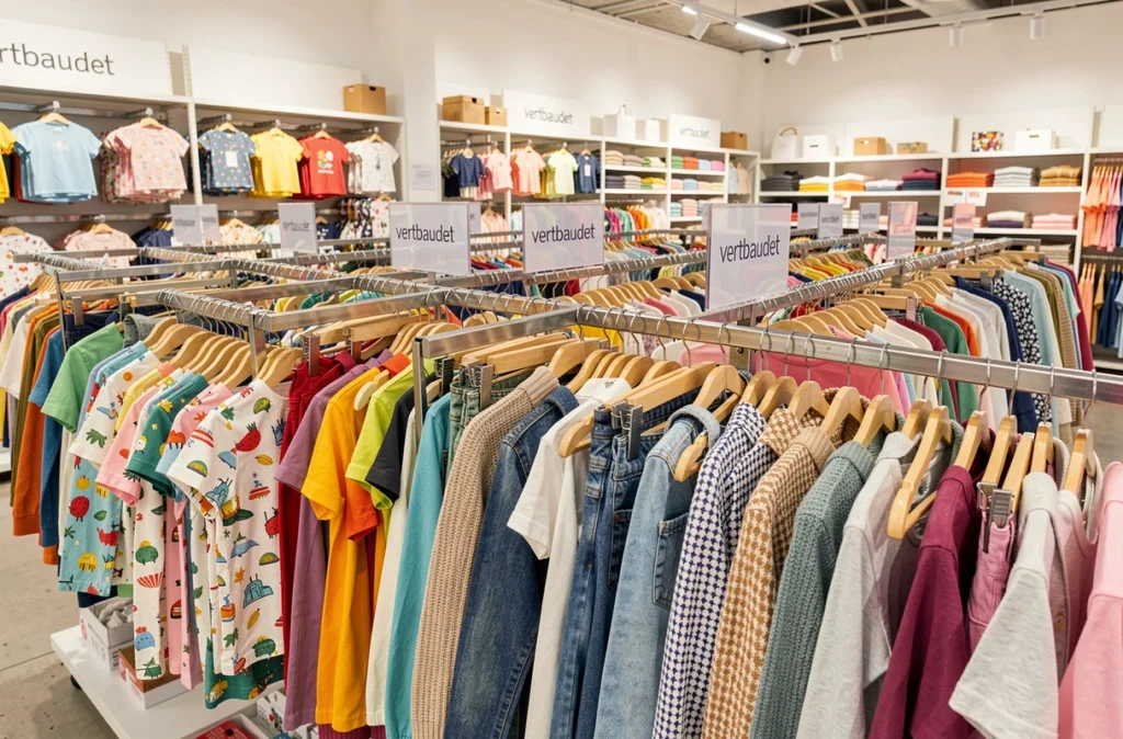 Rayons bien organisés chez Vertbaudet avec des vêtements colorés pour enfants triés par taille sur de longues tringles parallèles dans un grand magasin
