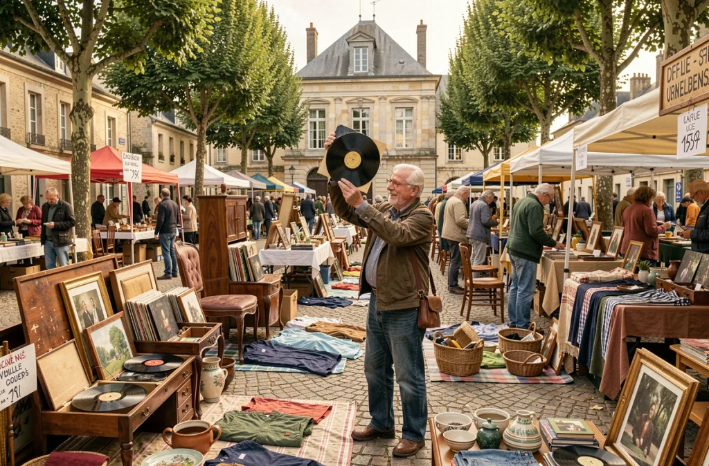Vide-grenier animé dans un village des Yvelines avec un homme inspectant un disque vinyle parmi les étals de brocante