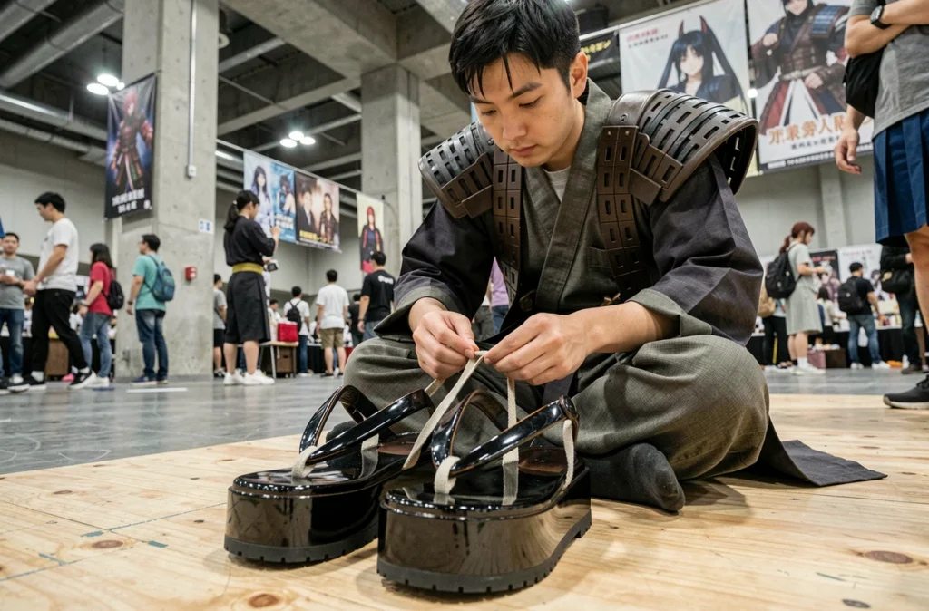 Cosplayer masculin en tenue féodale japonaise ajustant ses sandales geta en bois laqué noir dans une salle de convention, vue rapprochée mettant en avant les détails artisanaux des sandales pour débutants
