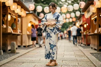 Jeune femme en yukata portant des sandales geta traditionnelles en bois lors d'un festival japonais d'été, composition trois-quarts mettant en valeur l'artisanat des sandales pour cosplay